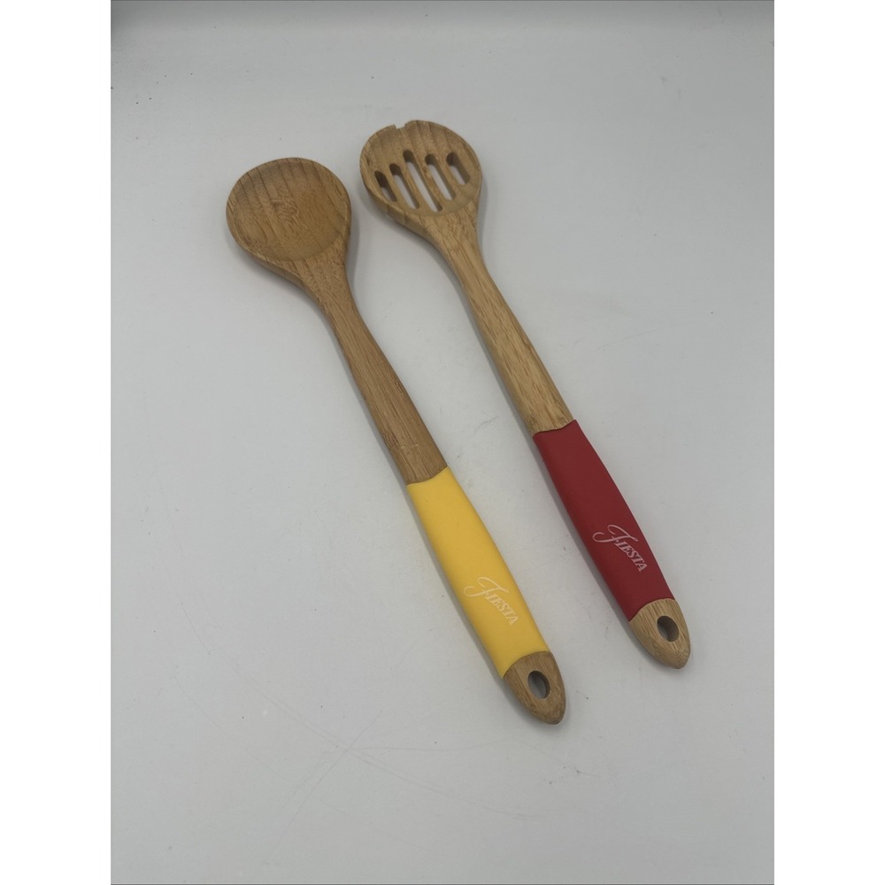 Fiesta 2 Piece Utensil Bamboo Servers Spoon Slotted SUNFLOWER Yellow & Red READ